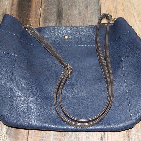 Women Dark Blue Bucket Bag 2 Straps Over Shoulder + Briefcase Handle Style - Picture 8 of 15